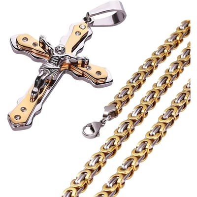 POMOiii roestvrijstalen popkruis Europese en Amerikaanse trend herenhanger met handgemaakte ketting met plat gedeelte beige