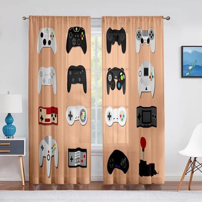 Jongens Gaming Transparant Voile Gordijn Tieners Gamepad Videogames Controller Raam Tule Gordijnen voor Woonkamer Slaapkamer Decoraties 100W130H(CM)40x51in&Grommet Top