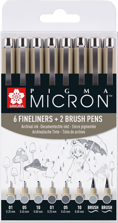 Fineliner sakura pm 6 breedtes en 2 brushpen grijs | 6 stuks