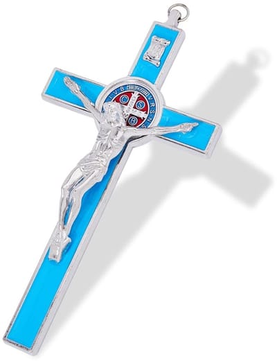 Dailygoods- Kruisbeeld Klassiek Ontwerp - Emaille Muurkruis - Jezus Christus Crucifix - Katholiek Decor - 19,5x9,8cm - Heilige Sint Benedictus - Wandkruis