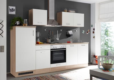 Goedkope keuken 270 cm - complete keuken met apparatuur Petunia - Natuur eiken/Wit - keramische kookplaat - afzuigkap - oven - spoelbak