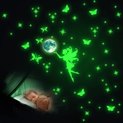 Dailygoods- Muursticker Lichtgevend - Feeën/ Sterren/ Maan - Decoratie Kinderkamer - PVC - Set Lichtgevende Stickers - Creëert Slaapsfeer - Decoratiestickers