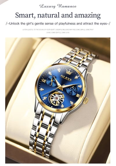 HO-6608L.gz-bl : Olevs dames goudzilverkl tourbillon/mechanisch edelstaal elegant Polshorloge, luminiscerend, blauwe wijzerplaat, skeleton secondenwiel, diamantzirkonia's