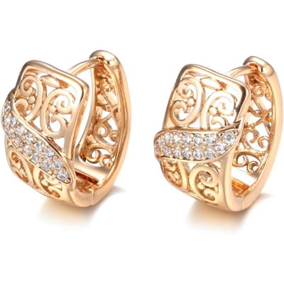 Boucles d'oreilles puces en zircon naturel de luxe Belles fleurs creuses Boucles d'oreilles de mariage pour femmes Or Rose Bijoux Ethniques pour Mariée beige