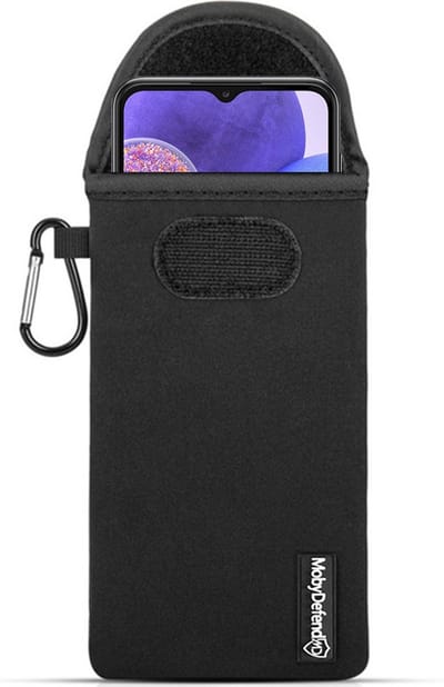 MobyDefend Hoesje - Geschikt voor Samsung Galaxy A23 - Neopreen Pouch Met Karabijnhaak - Insteek - Riemlus - Zwart