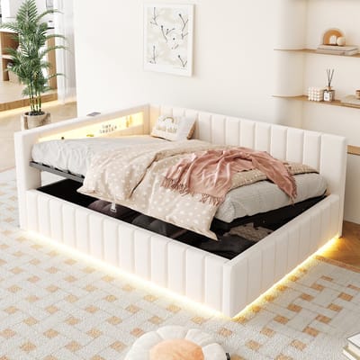 DESMIU Gestoffeerd Bed 140x200cm – Slaapbank Met Hydraulische Opbergruimte En Ledverlichting – Met Usb-aansluiting – Voor Slaapkamer Of Logeerkamer – Fluweel – Beige – Zonder Matras