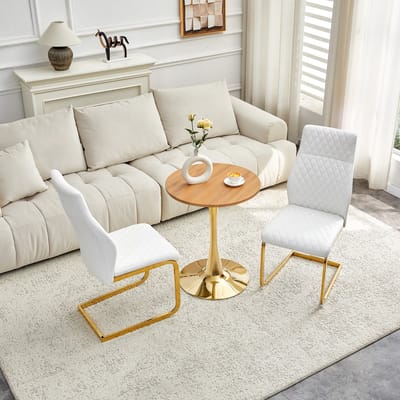 FloraGrace Eettafelset 60 Cm Rond - MDF Tafel En 2 Stoelen - Goud Frame En Wit Leer - Voor Eetkamer En Woonkamer