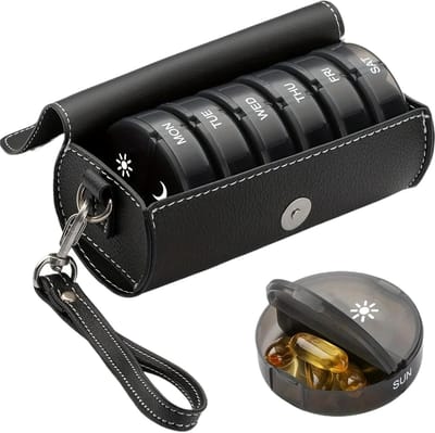 Pillendoos voor een week, tweemaal daags gebruik, grote pillendoos voor 's ochtends en 's avonds, wordt geleverd met een etui van PU-leer, handig voor op reis, ronde pillendoos (zwart).