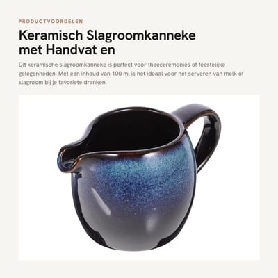 Dailygoods- Slagroomkan Keramisch - Melkkannetje 100 ml - Geschikt voor Theeceremonies - Handvat - Spitse Schenktuit - Blauw - Eenvoudig in Gebruik