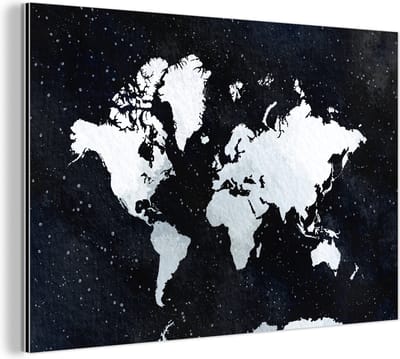 Aluminium schilderij 150x100 cm - Wanddecoratie metaal - Wereldkaart - Waterverf - Sterrenhemel - Metalen muurdecoratie woonkamer - Decoratie industrieel - Foto op dibond - Industriële accessoires slaapkamer
