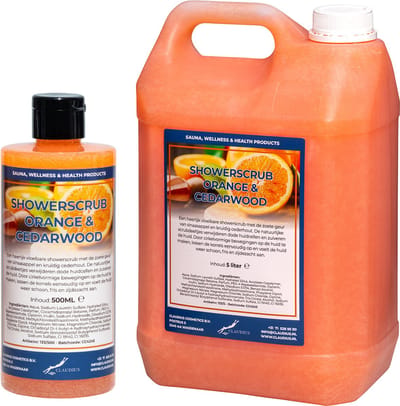 Showerscrub Sweet Orange & Cedarwood 500 ml + 5 liter - verfrissende scrubgel - exfoliërende bodyscrub - voordeelverpakking - navulling
