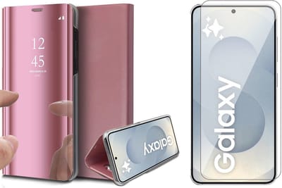 Hoesje geschikt voor Samsung Galaxy S25 - Screenprotector Glas - Spiegel Book Case Rosegoud