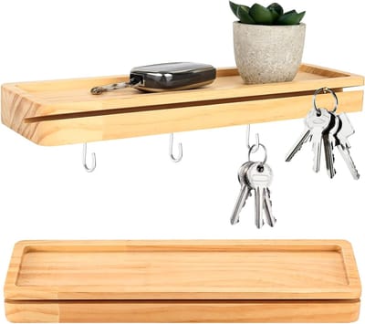 Houten Sleutelhanger met Plank, Sleutelbox voor Muur met 4 Haakjes voor Entree, Hal en Slaapkamer, Interieurdecoratie en Organisatie