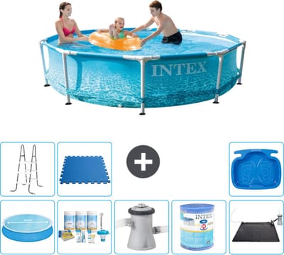 Intex Rond Frame Zwembad - 305 x 76 cm - Waterprint - Inclusief Solarzeil - Onderhoudspakket - Zwembadfilterpomp - Filter - Solar Mat - Ladder - Voetenbad - Vloertegels - 9-delig