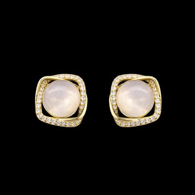 Victoria Valenza Goudkleurige Cushion Clip Oorbellen met Maanstenen en Zirkonia Stenen - Clip oorbellen - Goudkleurig - Zirkonia - Maanstenen