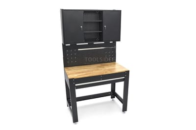 HBM 115 Cm. Werkbank Met Houten Werkblad, Achterwand Met Kastenwand, Led Verlichting , Stekkerdoos