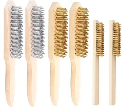 Set van 6 Messing Draadborstels met Houten Handvat voor het Reinigen van Verven, Roest en Vuil - Inclusief 4 Grote (27CM) en 2 Kleine (20CM) Borstels in 3 Verschillende Maten