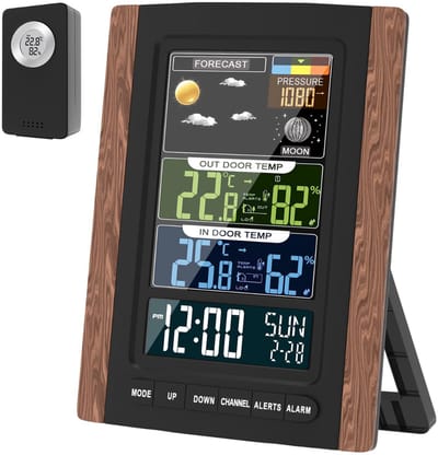 White-Label® Weerstation Binnen en Buiten - Weerstation Draadloos Binnen Buiten - Weerstation met Buitensensor - Bruin