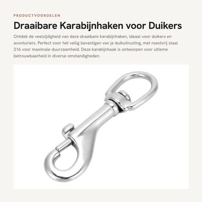 Dailygoods- Karabijnhaak Draaibaar - Roestvrij Staal 316 - Multifunctioneel - 360 Graden Draaibaar - Voor Duikuitrusting - Geschikt voor Binnen/Buiten - Haak