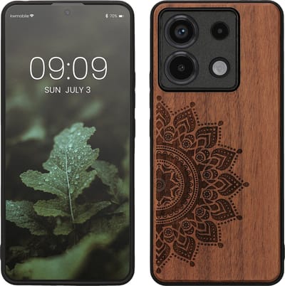 kwmobile telefoonhoesje geschikt voorXiaomi Redmi Note 13 Pro 5G / Poco X6 5G - Hoesje met bumper - hout - In donkerbruin Opkomende Zon design