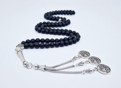 Handgemaakte tesbih "Tasbih" natuursteen "Mat zwart onyx" - Aantal kralen 99 - Diameter kralen 8MM - met metaal tassel "Allah jala jalaluh" - Een mooi cadeau-idee