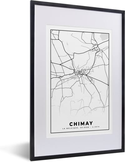 Fotolijst incl. Poster Zwart Wit- België – Chimay – Stadskaart – Kaart – Zwart Wit – Plattegrond - 40x60 cm - Posterlijst