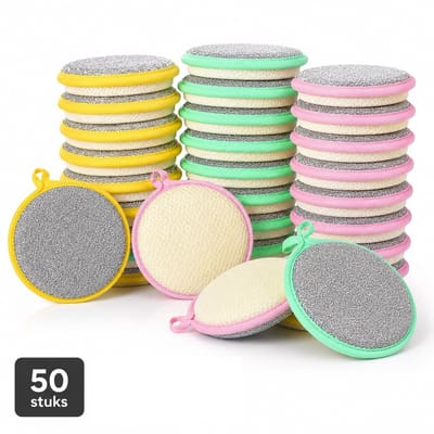 PolkaHome Keukensponzen 50 Stuks – Dubbelzijdige Schuursponsjes met Ophanglus – Voor Afwas, Gootsteen, Ovenroosters en Huishouden – Assorti Kleuren