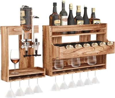 Thuys – Wijnrek – Muur – Gemakkelijk te Monteren – Hangend – 2 Verdiepingen – Opslag voor Wijnglazen – Met Drankdispenser – Stijlvol Design – Hout