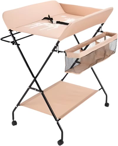 Babyverschoontafel – Verzorgingstafel - Opvouwbaar voor kinderkamer – Stabiel en veilig met opbergruimte – Max. draagvermogen 15 kg – Khaki - Met wielen