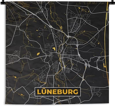 Wandkleed - Wanddoek - Plattegrond – Lüneburg – Goud – Stadskaart – Kaart - Duitsland - 180x180 cm - Wandtapijt
