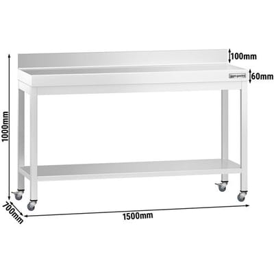 GGM Gastro Edelstahl Arbeitstisch PREMIUM - 1500x700mm - mit Grundboden, Aufkantung & Rollen