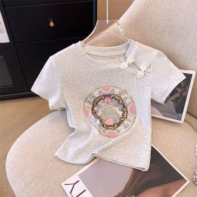 Meisjes Zomer Korte Mouw Nieuwe Chinese Stijl Meisjes Modieuze T-shirts Kinderzomer Chinese Stijl Tops 120cm white