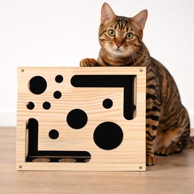 Krabpuzzel voor katten met ingebouwd schuurpapier - Interactief houten nagelvijlspeelgoed en krabpaal - Speciaal voor binnenkatten: stressverlagende nagelvijl - 30*25*8 cm