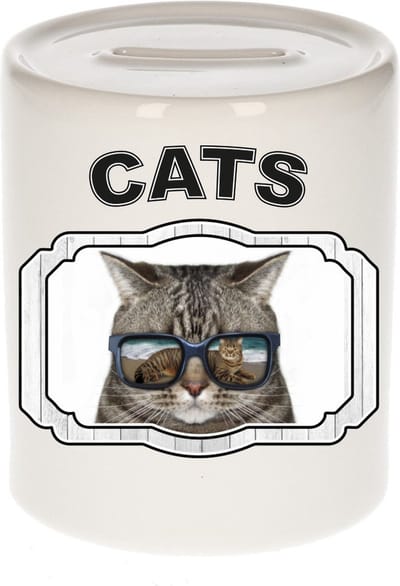 Dieren liefhebber coole poes spaarpot 9 cm jongens en meisjes - keramiek - Cadeau spaarpotten katten liefhebber