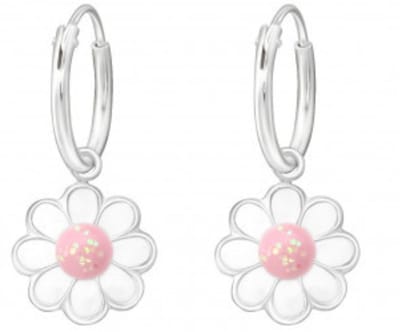 Joy|S - Zilveren madelief bloem bedel oorbellen - wit roze met glitter - oorringen