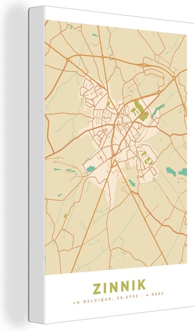 Canvas Schilderij Kaart - Stadskaart - België - Zinnik - Plattegrond - 20x30 cm - Wanddecoratie
