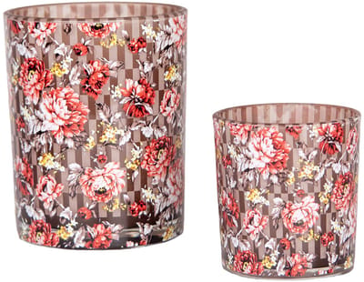 Clayre & Eef Theelichthouder Set van 2 Ø 7x8 / 10x13 cm Bruin Rood Glas Bloemen