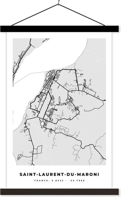 Posterhanger incl. Poster 40x60 cm - Schoolplaat - Kaart - Stadskaart - Saint-Laurent-du-Maroni - Plattegrond - Frankrijk - Textielposter - Zwarte latten - Stadskaart
