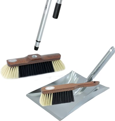 Bezemset bruin/zilver van metaal inclusief telescoopsteel 200 cm voor binnen - Bijpassende stoffer en blik/bezem set