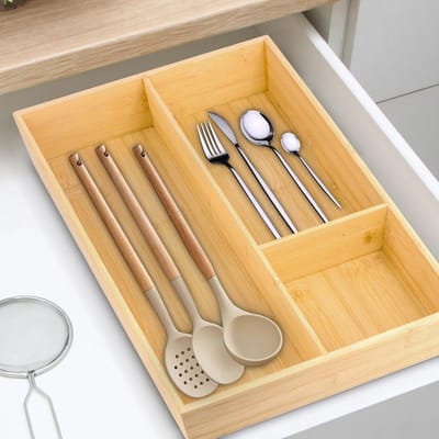 Dailygoods- Besteklade 3 Compartimenten - Bamboo Houten Organizer - 43x30x6 cm - Bestekbak - Keukenkastorganizers - Schuiflade Inzetstuk - Bestekorganizer