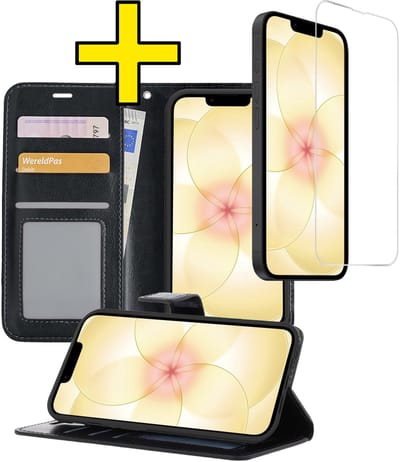 Hoesje - Met Screenprotector - Geschikt voor Apple iPhone 17e - Luxe Pasjeshouder - Bookcase Portemonee - Flip Case - Kunstleer Book Case - Flipcase - Book Cover - Walletcase - Portemonneehoes - Telefoonhoesjes - Zwart