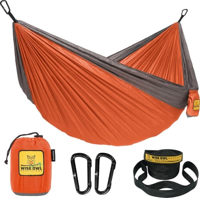 Hangmat - outdoor hangmat voor 1 persoon - ultralichte rijsthangmat - belastbaar tot 180 kg - kampeeraccessoires - incl. ophanging en karabijnhaak (oranje en grijs)M