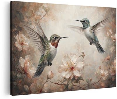 Artaza Canvas Schilderij Kolibries Met Bloemen - Zachte Botanische Kunst - 90x60 cm - Wanddecoratie Woonkamer - Schilderijen - Muurdecoratie