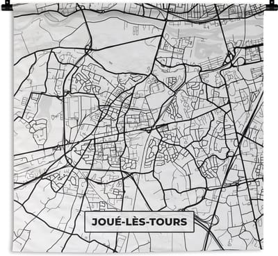 Wandkleed - Wanddoek - Frankrijk - Joué-lès-Tours - Plattegrond - Stadskaart - Kaart - Zwart wit - 180x180 cm - Wandtapijt