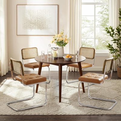 Luxe Rotan Cantilever Eetkamerstoelen Set van 2 – Kunstleer & Eikenhout Look, Chromen Metalen Sledeframe, Modern Design Keukenstoelen 87cm Hoog