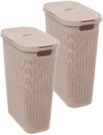 5Five Smalle Wasmand met deksel Rotan - 2x - beige - gevlochten kunststof - 40 liter - 26 x 46 x 60 cm
