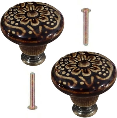 Set van 2 Kastknoppen met Bloem - Bruin - Meubelknoppen Keramiek Rond - Vintage/Antiek handgreep voor deur en lade