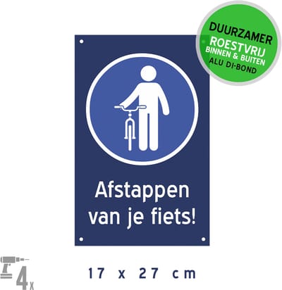 Pictogram/ bord + boorgaten | "Afstappen van je fiets!" | 17 x 27 cm | Fietsers | Gevaar | Wandelaars | Wandelgebied | Recreatie | Blauw | Voetgangerszone | Roestvrij | 1 stuk