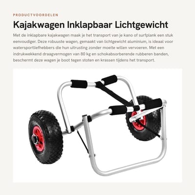 Dailygoods- Kajakwagen Inklapbaar - Aluminium - Antislip Rubberbanden - Schokabsorberend - Draagvermogen 80 kg - 10 Inch Wielen - Bootwagen