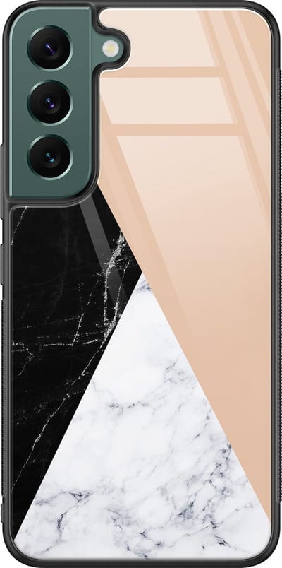 Hoesje geschikt voor Samsung Galaxy S22 - Marmer zwart bruin - Luxe Glazen Hardcase - Print / Illustratie - Grijs